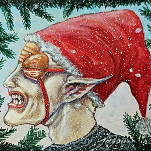 A close up of a Llanowar Elves, altered to be wearing a santa hat, with an evergreen bough background.