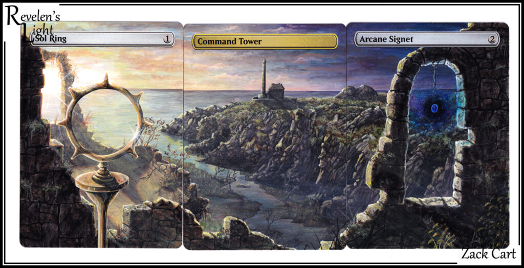 This shows an altered art set of Magic: The Gathering Cards, with completely new art for Sol Ring, Command Tower, and Arcane Signet. The art on the three cards is connected in one panoramic image. The view is from within a ruined building, looking at a distant command tower on a rocky promontory into the sea. Closer to the viewer, the sun shines through a golden ring with star like points, representing the Sol Ring. On the other side, a mysterious amulet hangs, emantating star-strewn night. Hand Painted by Revelen's Light Alters.