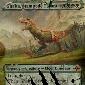 From Magic: the Gathering, this is an altered art version of Ghalta, Stampede Tyrant, hand-painted by Revelen's Light Alters. The card retains is standard art, depicting Ghalta roaring, but the art has been extended, and the text boxes have been visually distressed, with scratches, chips, cracks, and large set of claw slashes through the rules text.