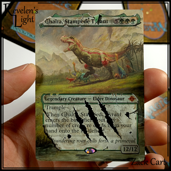 From Magic: the Gathering, this is an altered art version of Ghalta, Stampede Tyrant, hand-painted by Revelen's Light Alters. The card retains is standard art, depicting Ghalta roaring, but the art has been extended, and the text boxes have been visually distressed, with scratches, chips, cracks, and large set of claw slashes through the rules text.