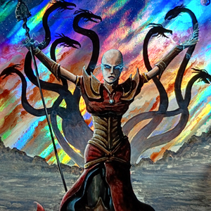 An altered art foil version of Magus Lucea Kane, a warhammer 40k character created for Magic: the Gathering. Here, she stands with arms raised before a vibrant sky, with the many heads of an immense hydra behind her in the distance.