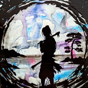 This image depicts altered art for Yuriko, the Tiger's Shadow, from Magic: the Gathering. A black silhouette against a pale, paint-swirled background, shows Yuriko staring out pensively over the still waters of the sea, surrounded by a streaked black circle symbolizing the rising sun.