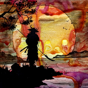 This is an altered art Isshin, Two Heavens as One card from Magic: the Gathering. Te background is washed and running warm paint colors. The foreground is a black ink silhouette of a samurai looking out over the water with an immense rising sun.