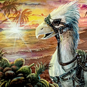This is the Magic: the Gathering card Sergeant John Benton with altered art depicting the chocobo Ambrosia from Final Fantasy. Ambrosia is sitting on a tropical beach at sunset, enjoying a giant pile of fruit. The art is foil, and was hand-painted by Revelen's Light Alters.
