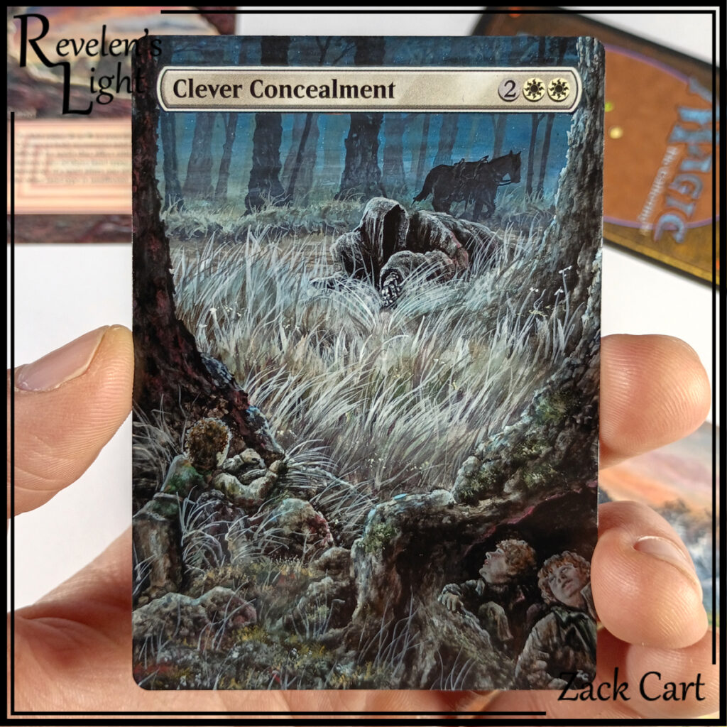 This is the card Clever Concealment from Magic: the Gathering, with all new art painted by Revelen's Light Alters. The scene is a blueish, nighttime woodland, with a Black Rider from Tolkien's Lord of the Rings, searching for the three hobbits, Sam, Pippin, and Frodo.